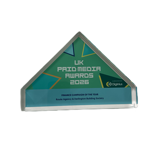 UK Paid Media Awards 2026 trophy - Finance Campaign of the Year, Route Agency and Darlington Building Society