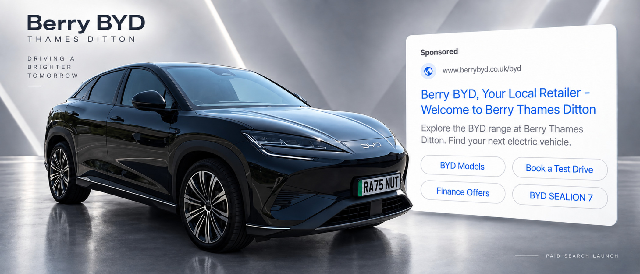 Illustrative layout of Berry BYD Thames Ditton paid search, showing a black BYD Sealion in a showroom beside a mock search ad headed Berry BYD, Your Local Retailer - Welcome to Berry Thames Ditton, with sitelinks for BYD Models, Book a Test Drive, Finance Offers and BYD Sealion 7. Suggested copy, not an original campaign screenshot.