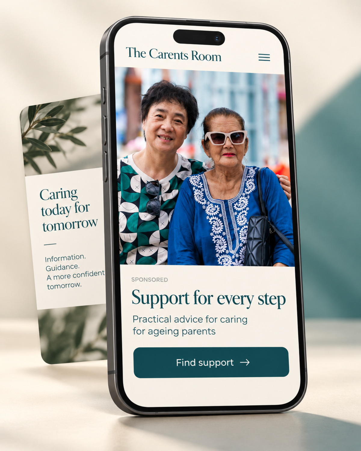 Illustrative layout of a Carents Room native ad on a phone, showing a photograph of two older women, the label Sponsored, the heading Support for every step, the line Practical advice for caring for ageing parents and a Find support button. Suggested copy, not an original campaign screenshot.