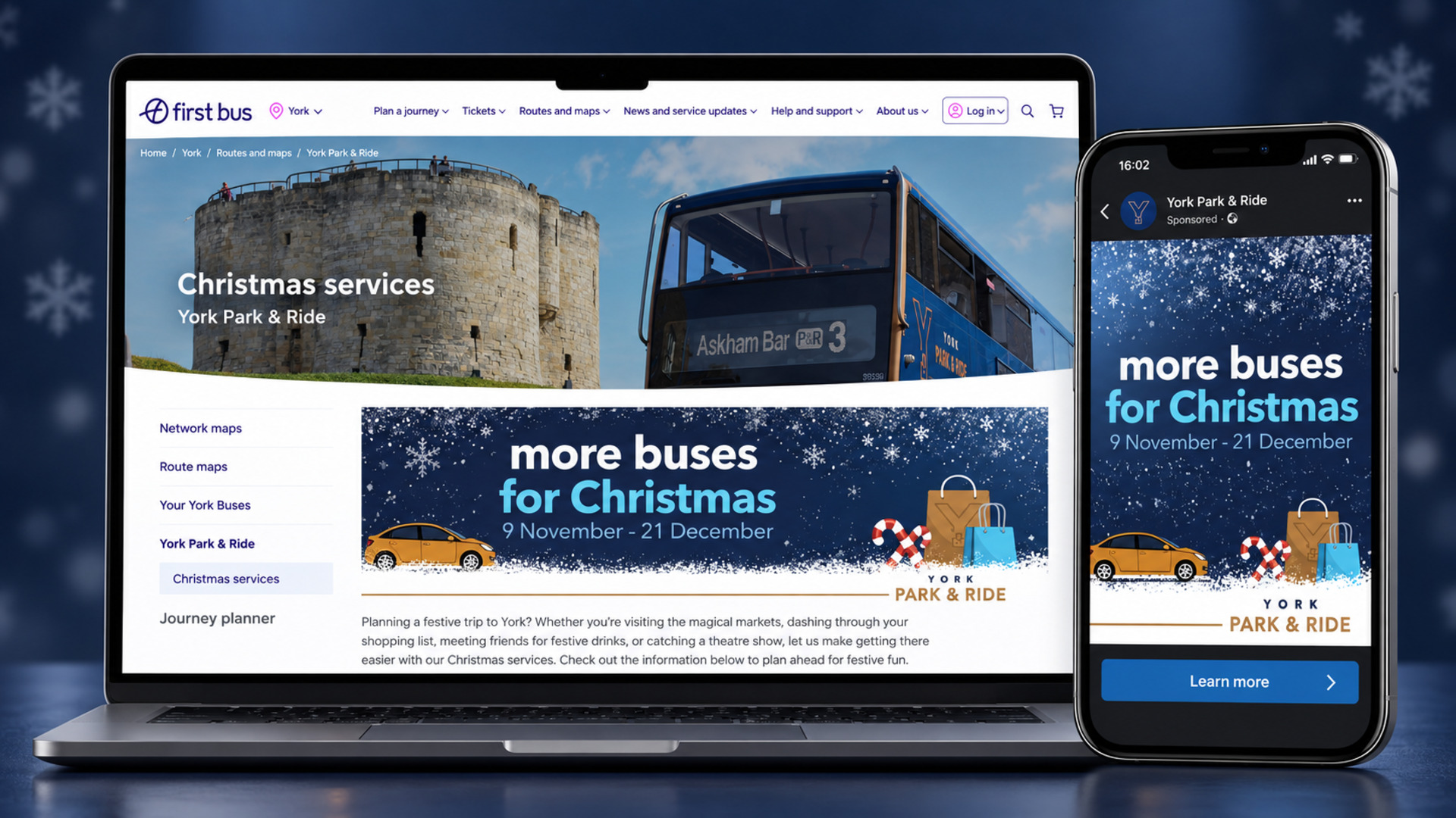 Illustrative layout of York Park and Ride's Christmas 2025 campaign, showing the First Bus York Christmas services page on a laptop, with the banner more buses for Christmas, 9 November - 21 December, beside a phone showing a sponsored York Park & Ride post with the same artwork. Illustrative layout, not an original campaign screenshot.