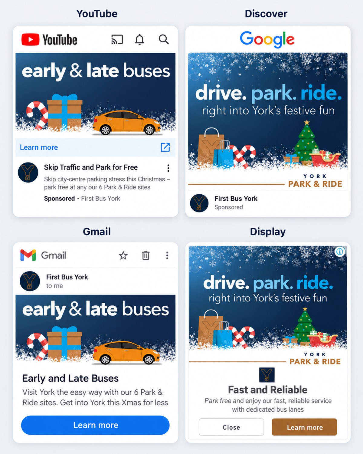 Illustrative layout of Performance Max placements on YouTube, Discover, Gmail and Display, each carrying First Bus York's festive Park and Ride ads, drive. park. ride. right into York's festive fun and early and late buses. Suggested copy, not an original campaign screenshot.