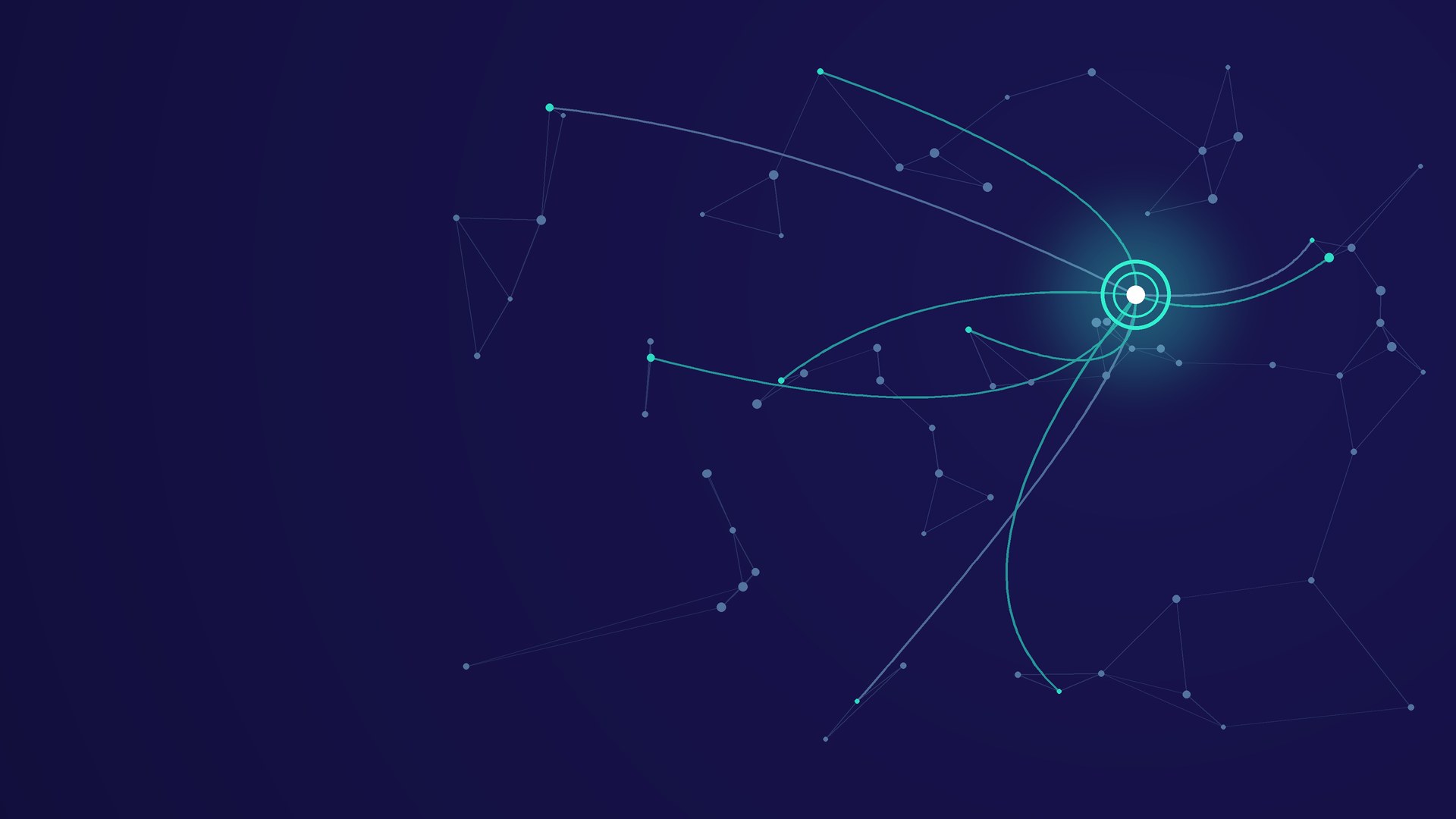 Abstract illustration in Route navy and teal: scattered points joined by fine lines, with flowing lines drawn together into one bright ring