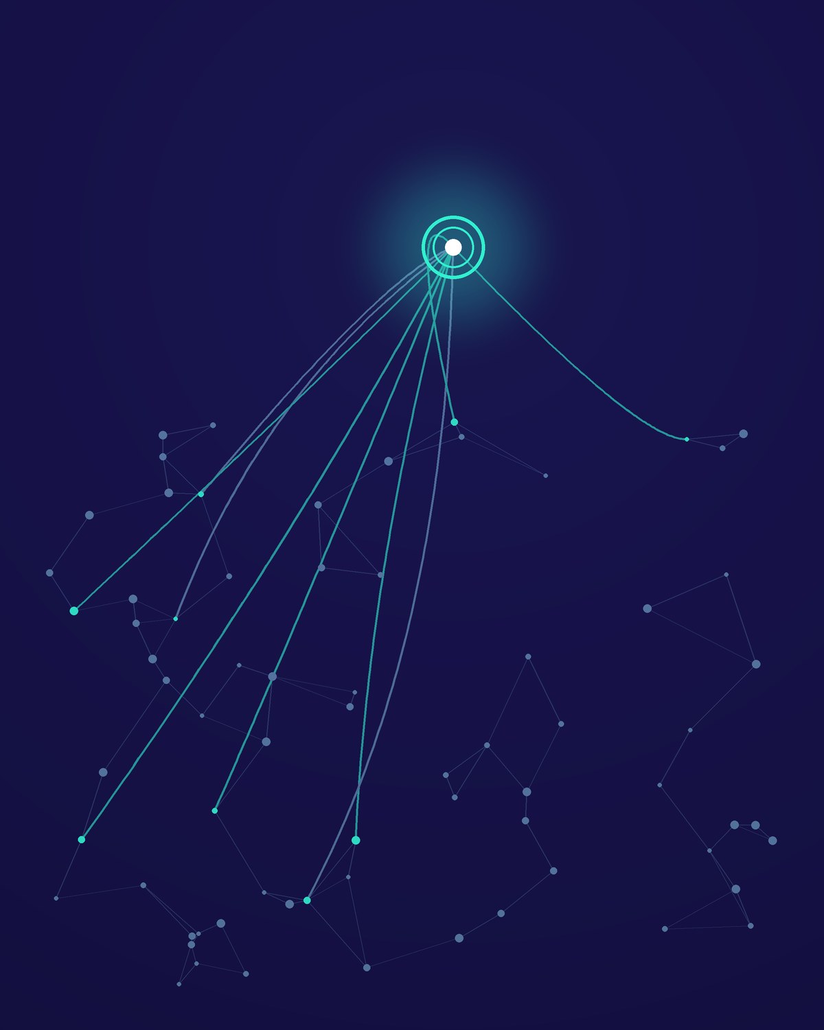 Abstract illustration in Route navy and teal: points spread across the lower half, with flowing lines rising into one bright ring