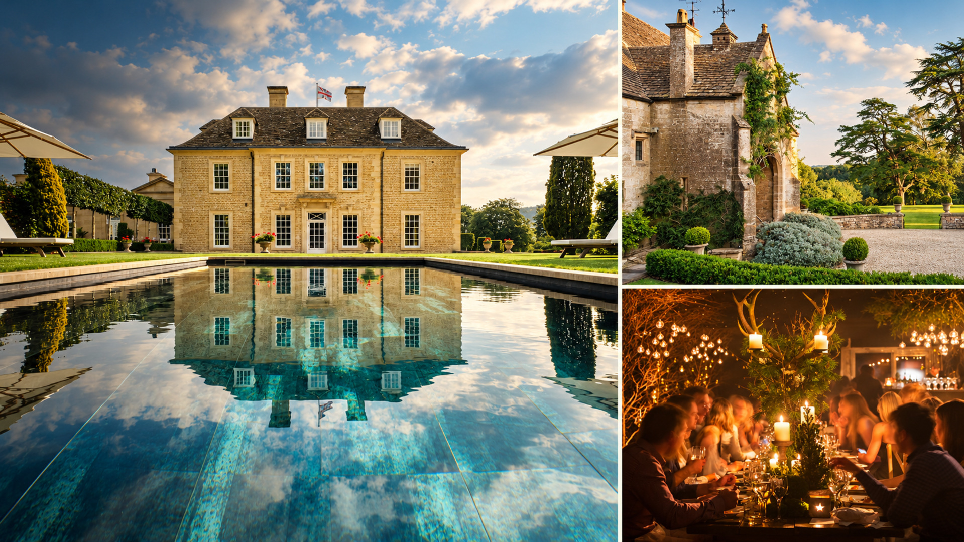 Collage of Cotswold stone country houses, one reflected in a long outdoor pool, with a candlelit dinner party beneath hanging lights.