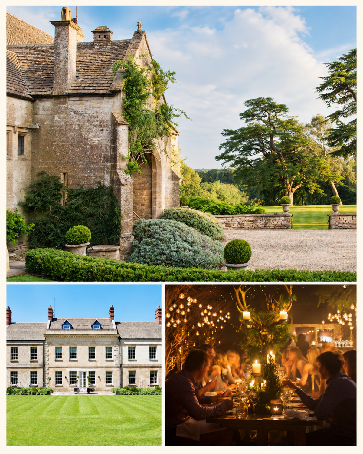 Collage of a Cotswold stone manor house and garden, a country house behind a striped lawn and a candlelit dinner party.