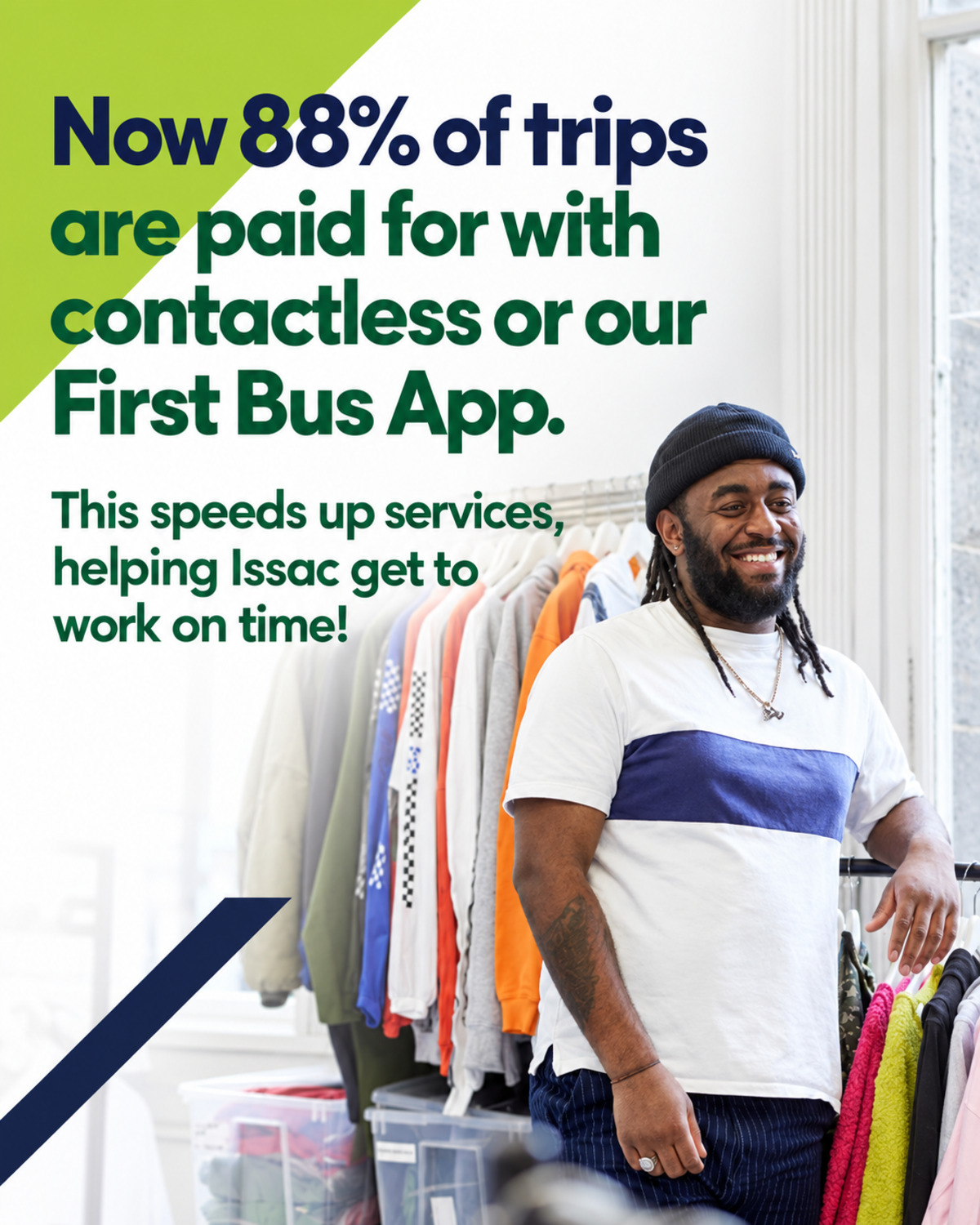 Illustrative social ad reading Now 88% of trips are paid for with contactless or our First Bus App. This speeds up services, helping Issac get to work on time!, beside a smiling man in a beanie by a clothes rail. Suggested copy, not an original campaign asset.