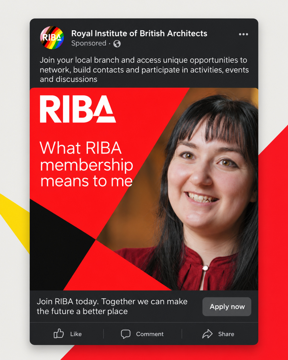 Illustrative layout of a sponsored Royal Institute of British Architects post headed What RIBA membership means to me, with a smiling architect beside the RIBA logo and an Apply now button. Suggested copy, not an original campaign screenshot.
