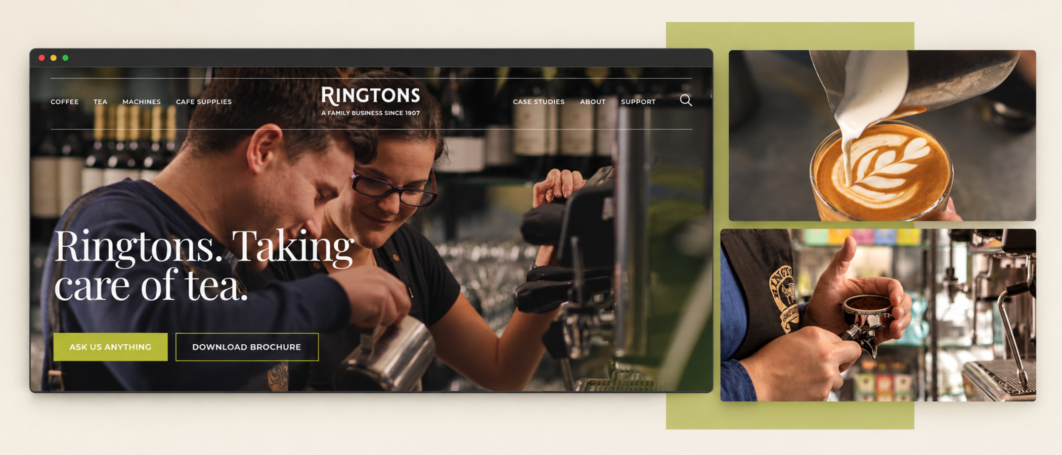 Illustrative layout of the Ringtons website in a browser, headed Ringtons. Taking care of tea. over two baristas at a coffee machine, beside photographs of latte art being poured and a barista tamping coffee. Suggested copy, not an original screenshot.