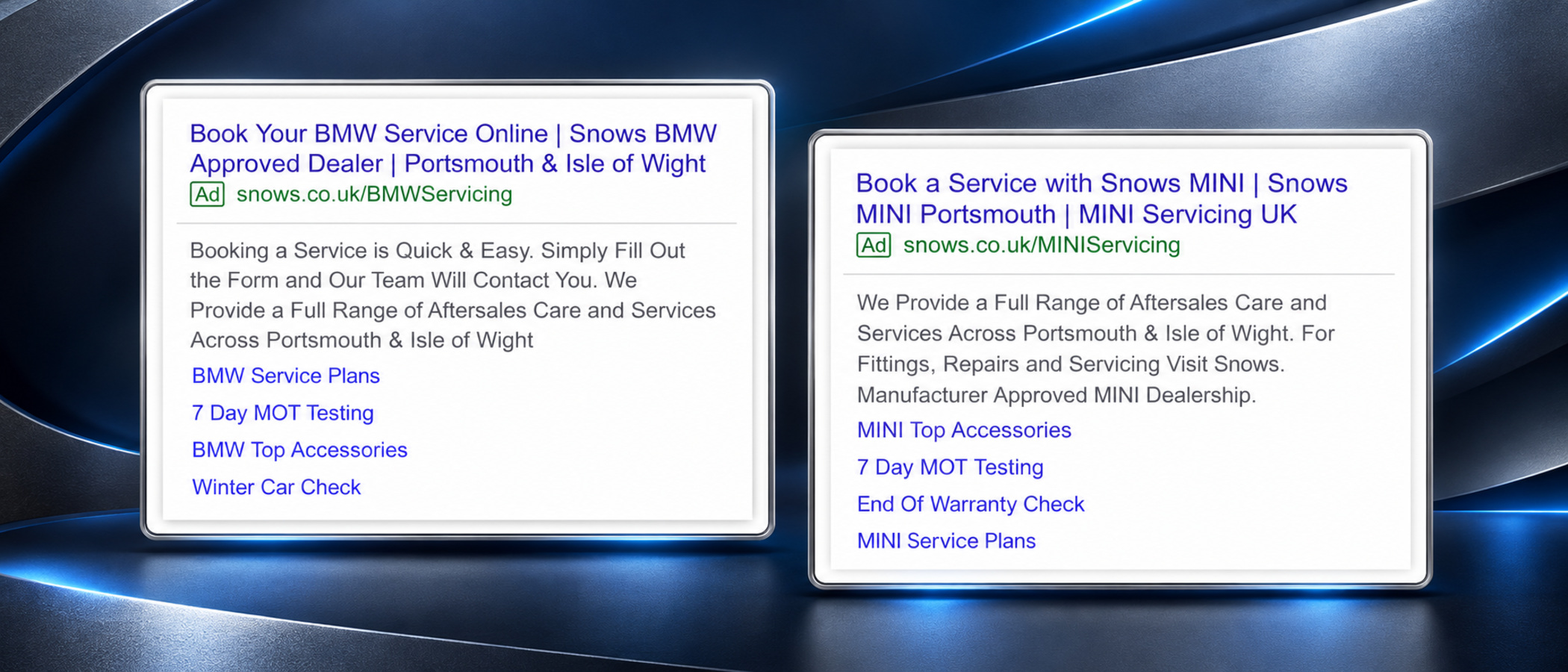 Illustrative layout of two Google search ads, Book Your BMW Service Online for Snows BMW and Book a Service with Snows MINI, each with sitelinks for service plans, MOT testing and accessories. Suggested copy, not an original campaign screenshot.