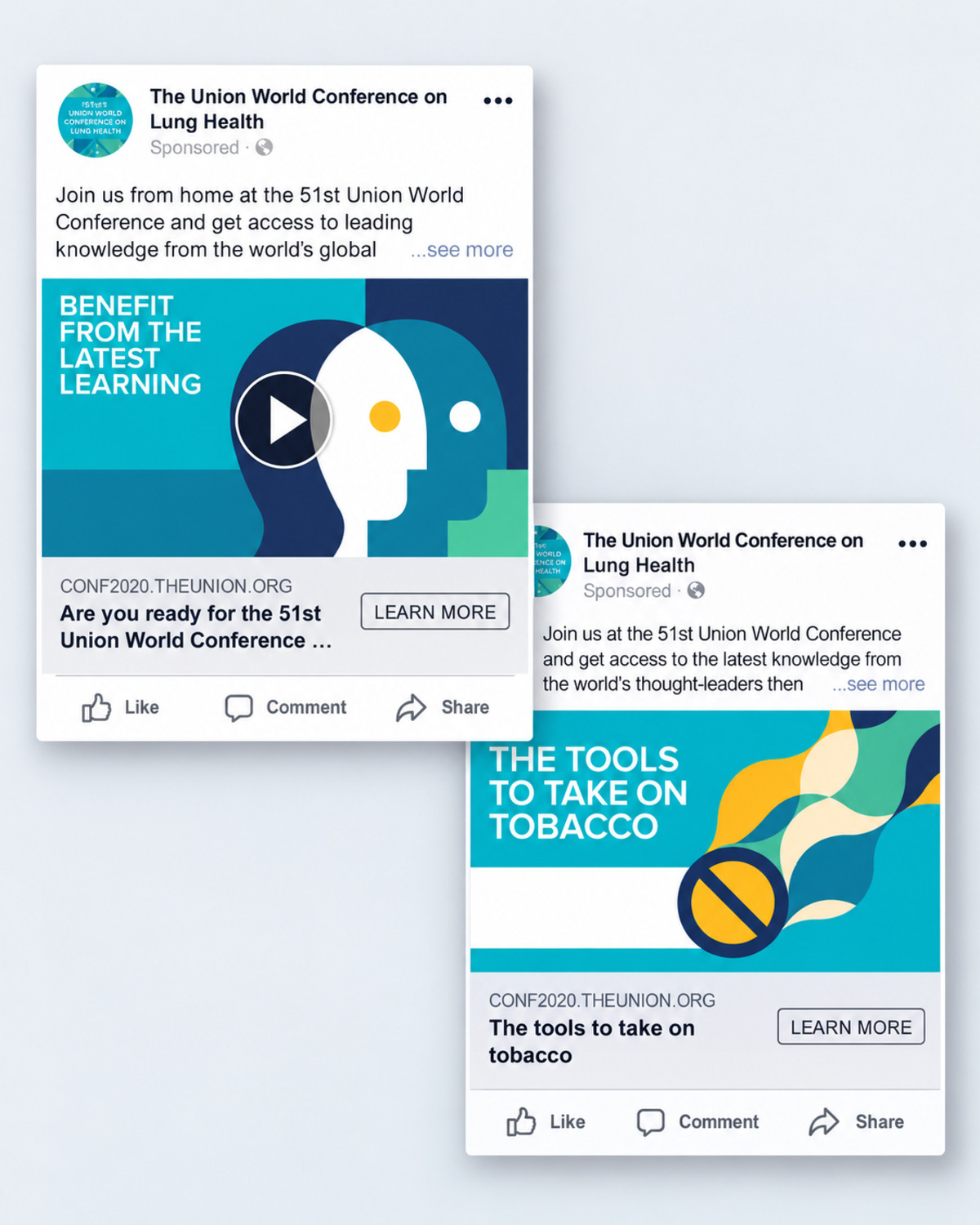 Illustrative layout of two Union World Conference on Lung Health Facebook posts, one with a video card reading Benefit from the latest learning over overlapping head silhouettes, the other reading The tools to take on tobacco over a wave of navy, teal and yellow shapes with a no-entry symbol, both linking to conf2020.theunion.org with a Learn more button. Not an original campaign screenshot.