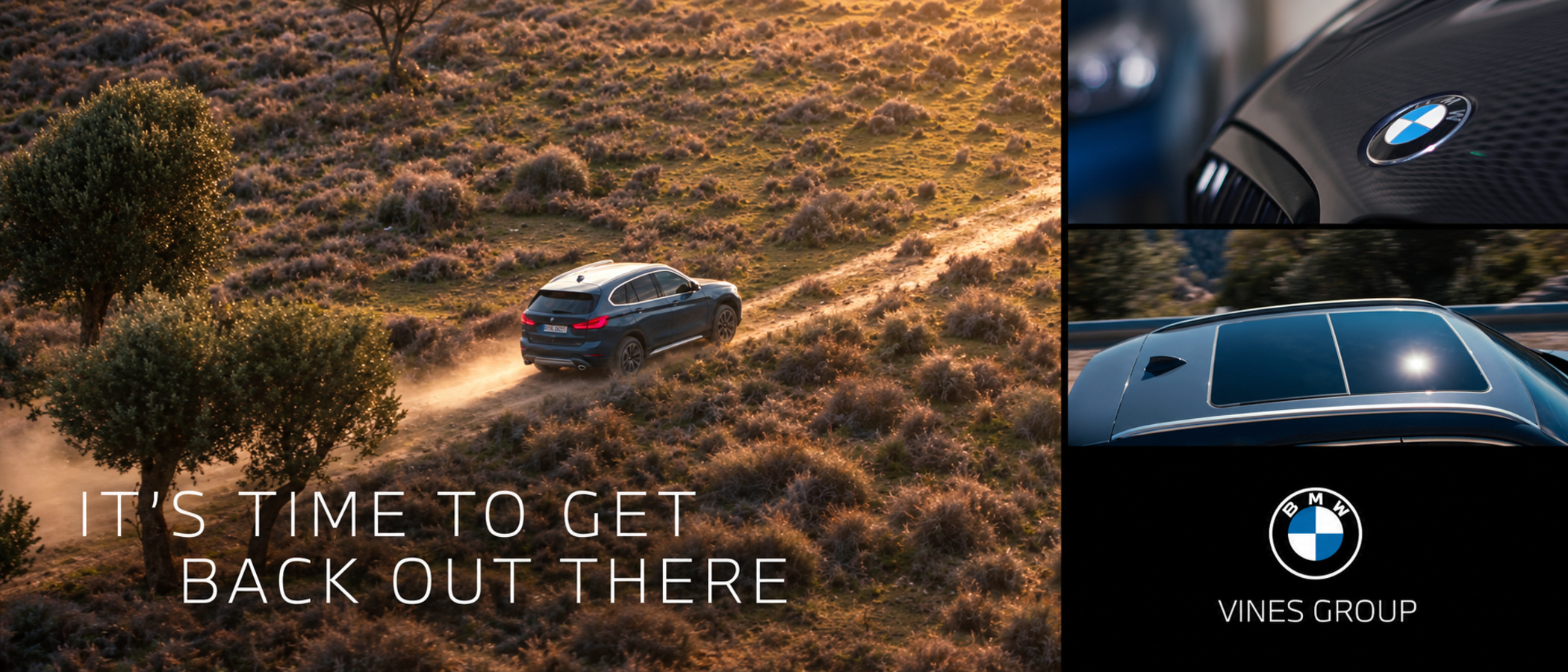Illustrative layout of a BMW X1 on a dusty track through heathland under the line It's time to get back out there, beside close-ups of a BMW badge and a panoramic roof and the BMW Vines Group logo. Suggested copy, not an original campaign asset.