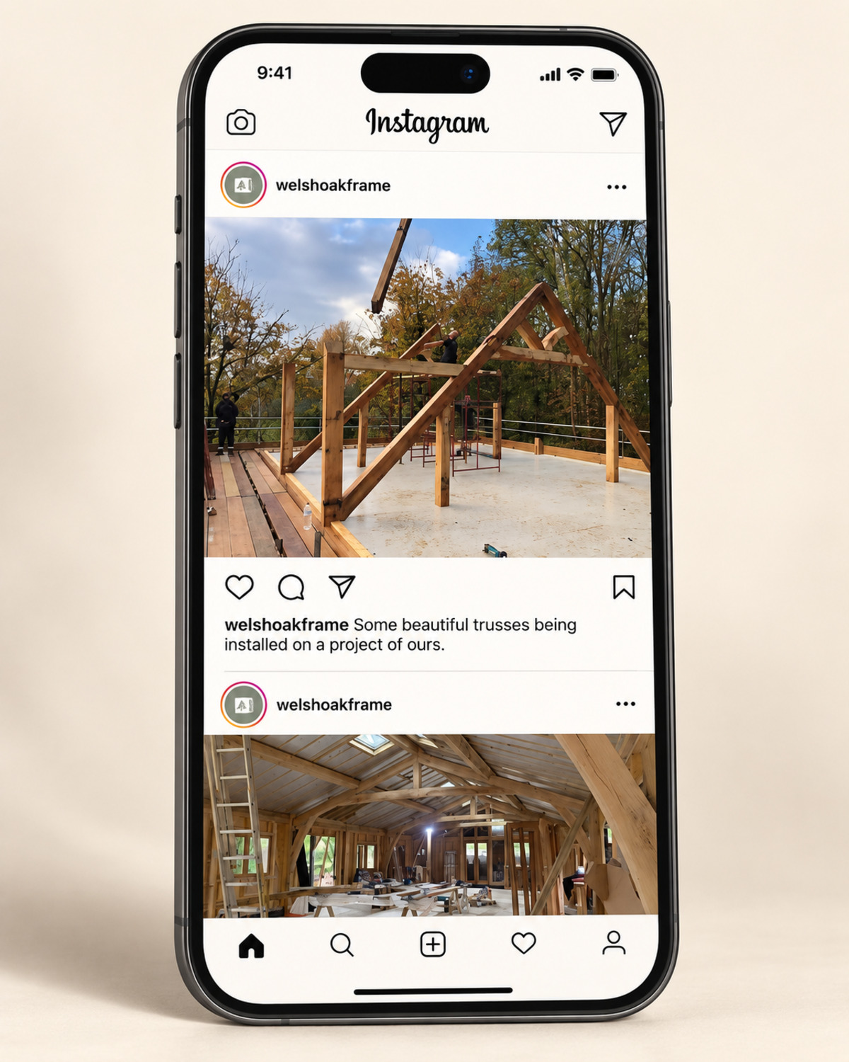 Illustrative layout of two Instagram posts from welshoakframe on a phone, showing oak trusses being craned into place on site, captioned Some beautiful trusses being installed on a project of ours, and a frame interior under construction. Suggested copy, not an original campaign screenshot.