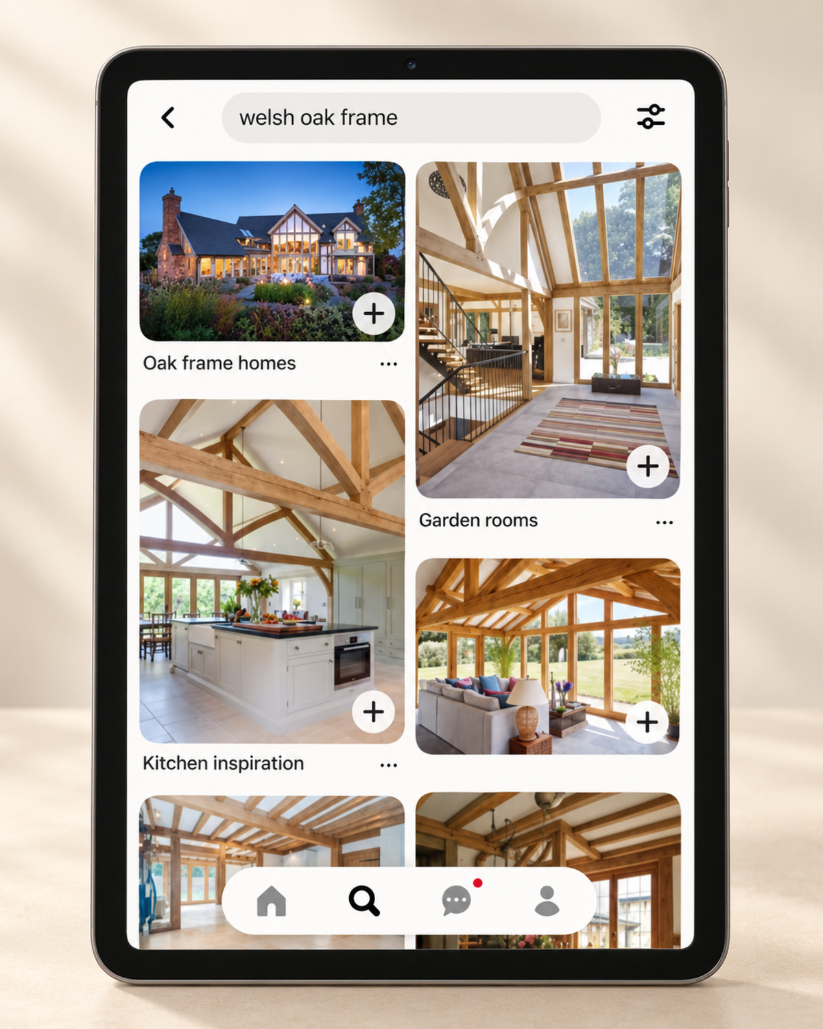Illustrative layout of Pinterest search results for welsh oak frame on a tablet, with boards titled Oak frame homes, Garden rooms and Kitchen inspiration showing oak-framed interiors and a lit house at dusk. Suggested copy, not an original campaign screenshot.