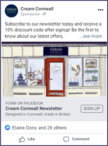 Screenshot featuring a Cream Cornwall Facebook post about their newsletter