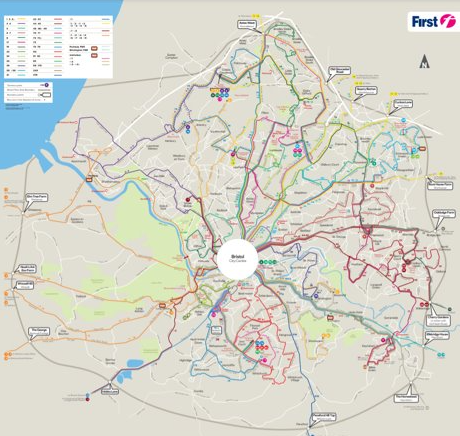 The routes of First Bus in Bristol