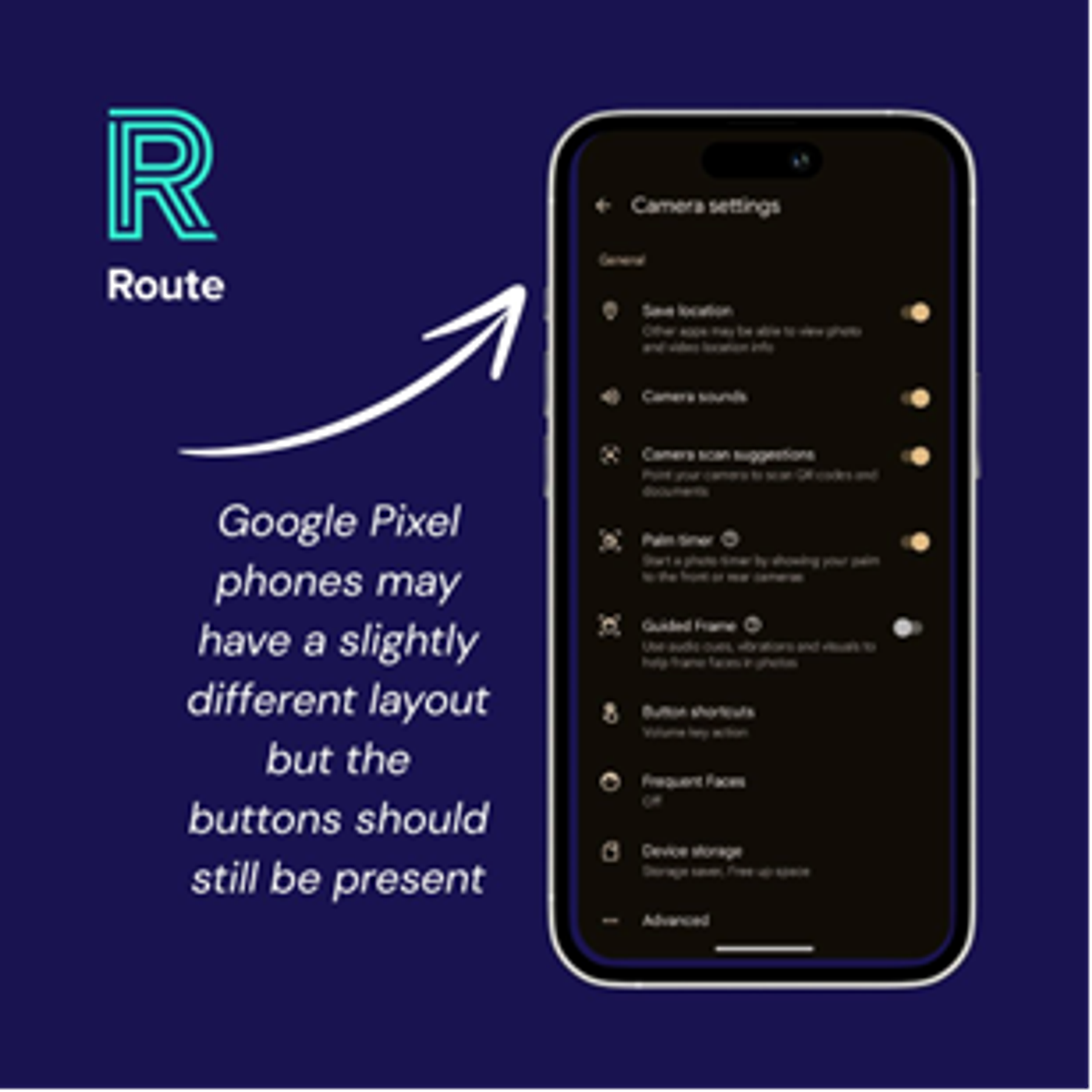 Android camera settings screen - Google Pixel phones may have a slightly different layout but the buttons should still be present