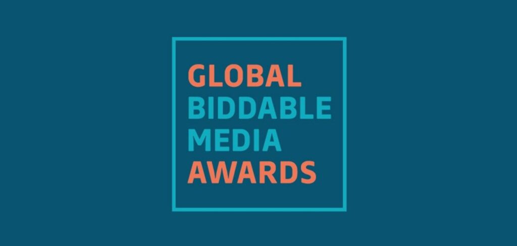 Text displaying the words 'Global Biddable Media Awards' in orange and blue colours