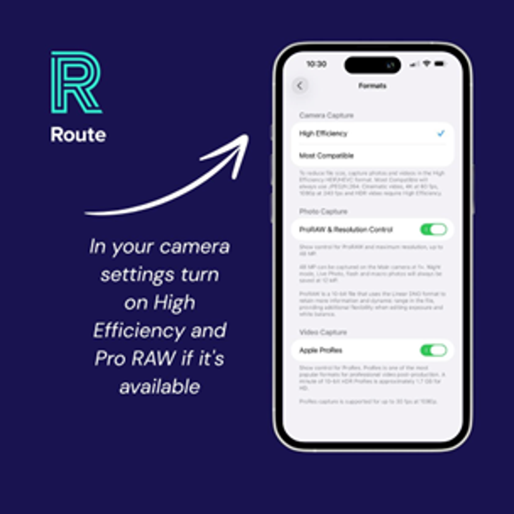 iPhone Formats settings showing High Efficiency selected and ProRAW & Resolution Control switched on - in your camera settings turn on High Efficiency and ProRAW if available